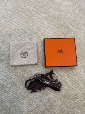 Hermes Orange jewelry Box with Brown Branded Ribbon and Cream Pouch